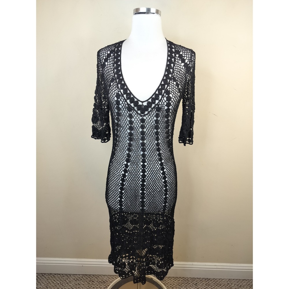 After the Rain Crochet Knit Midi Dress Womens Large V-Neck Short Sleeve Sheath